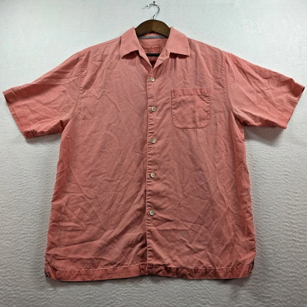 Tommy Bahama Mens M Coral Pink 100% Silk‎ Short Sleeve Camp Shirt 163-T311915